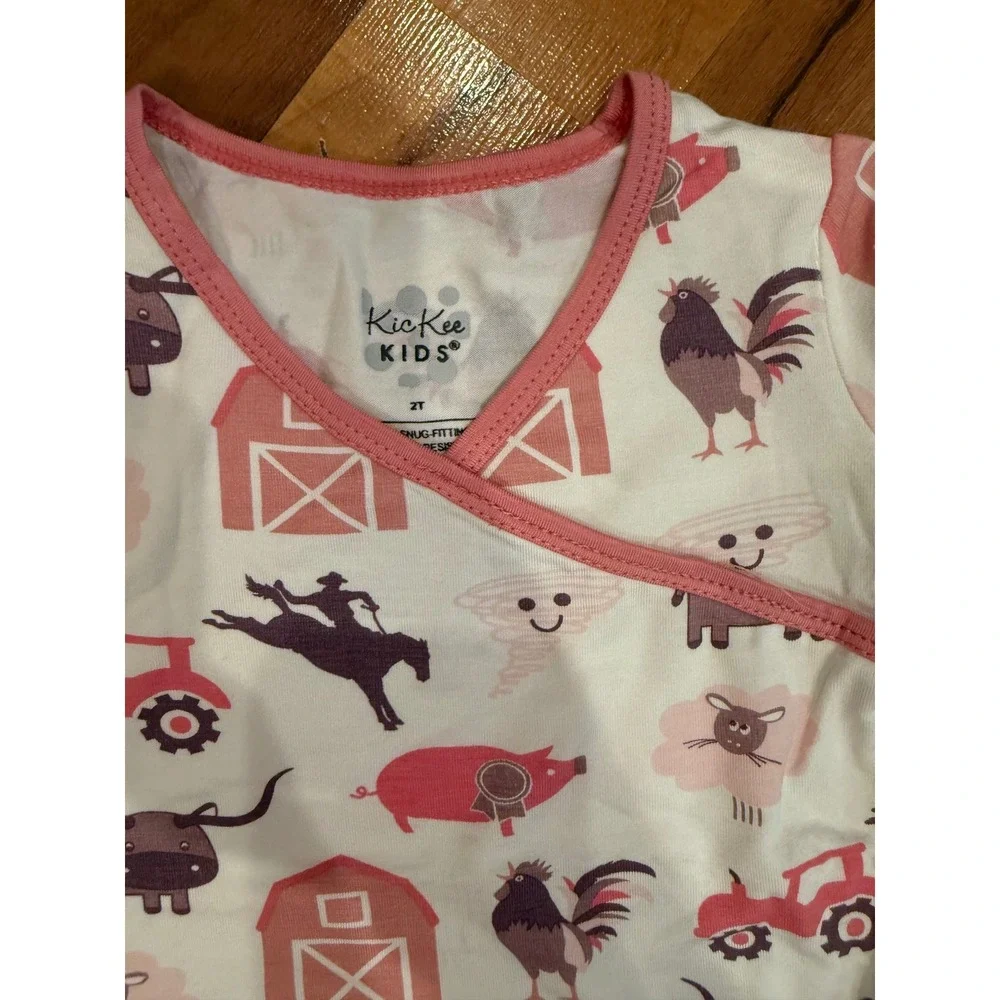 KicKee‎ Pants Kids 2T Farm Animals Pajama Set NWT barn cow chicken pig pink girl